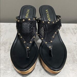 VENUS Black and Tan Beaded Mesh Wedge Sandals Size 8